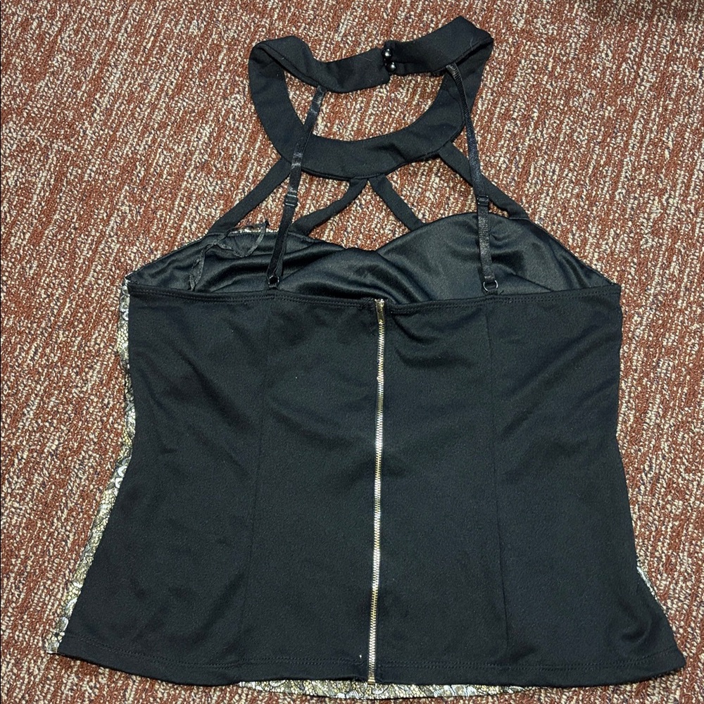 Vintage damask metallic high neck cage neck zipper back bustier going out top - Picture 3 of 14